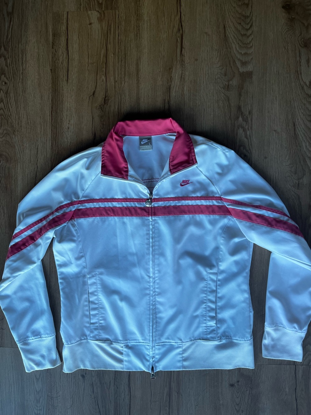 Nike Women’s White & Raspberry Track Jacket | Large | Two-Way Zip | Like New